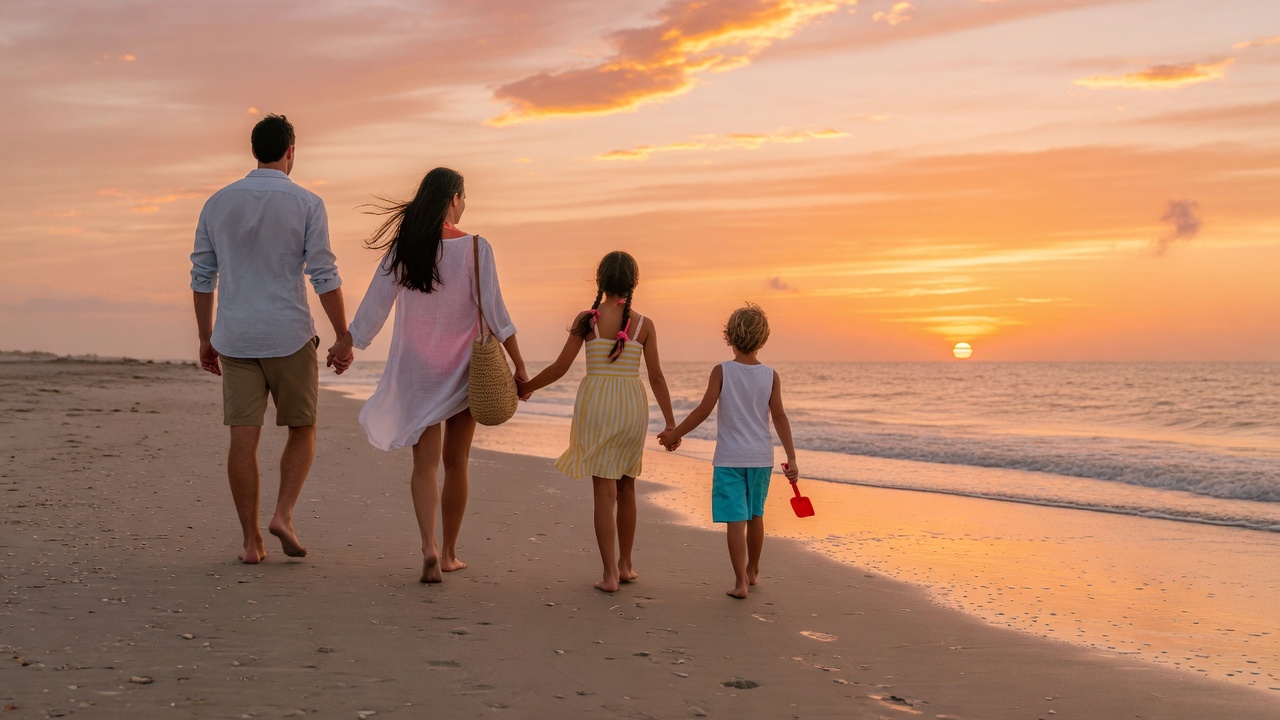 Family walking on a beach at sunset representing travel rewards cards